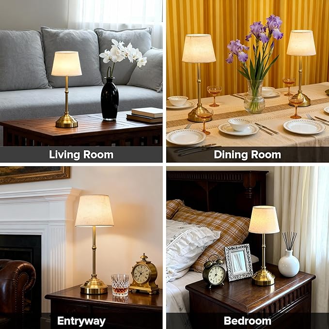 2 Pack Cordless Table Lamp, Rechargeable Desk Lamp with Fabric Shade, Battery Operated Lamp 3 Color Stepless Dimming, Small Touch Bedside Lamp Home Decor for Dining, Counter (Brushed Gold)