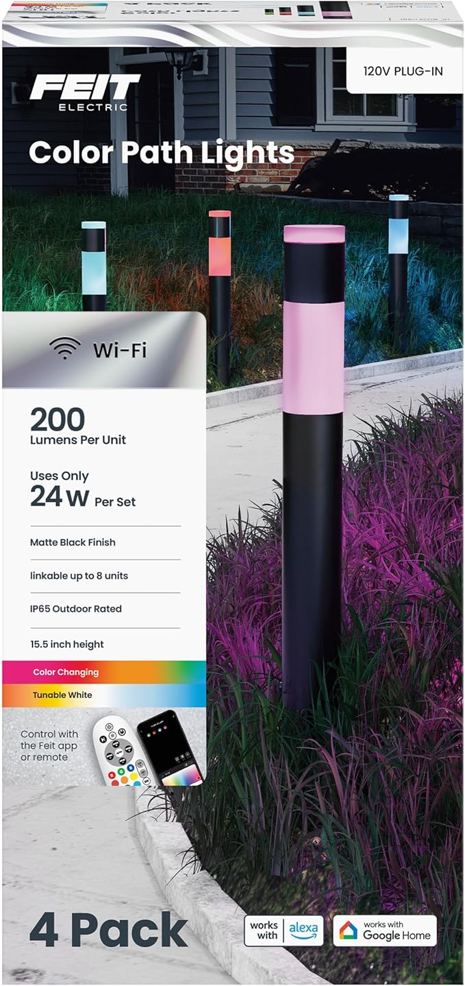 Feit Electric Smart Color Changing & Tunable White Outdoor Bollard Path Lights, 200 Lumens, Music Sync, Compatible with Alexa & Google Home, App & Remote Control, Path/RND/RGBW/AG/4, 4-Pack