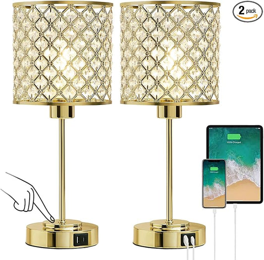 GyroVu Crystal Touch Control Table Lamp with USB-C+A Charging Ports, Dimmable Nightstand Lamp Set of 2 Crystal Decorative Bedside Lamps with Gold Elegant Shade for Bedroom Living Room, Bulbs Included