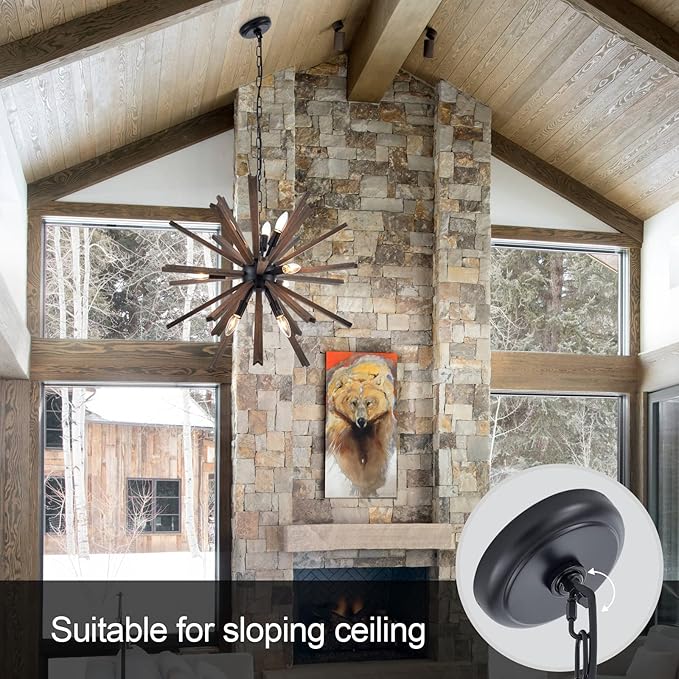 9-Light Sputnik Pendant Light Black, Farmhouse Wood Chandelier for Dining Room Industrial Hanging Light Fixture Ceiling for Bedroom Entryway Kitchen Foyer Living Room