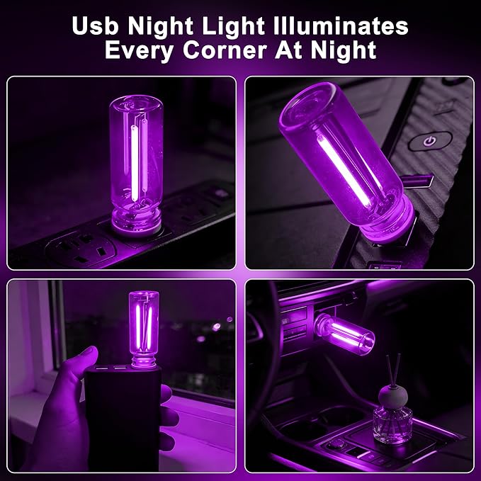 Car USB Night Light Touch Dimmable - 2-Pack Retro LED Filament Lamp for Truck Interior, Bedroom & Camping | Glass Bottle Ambiance Lighting (Purple)