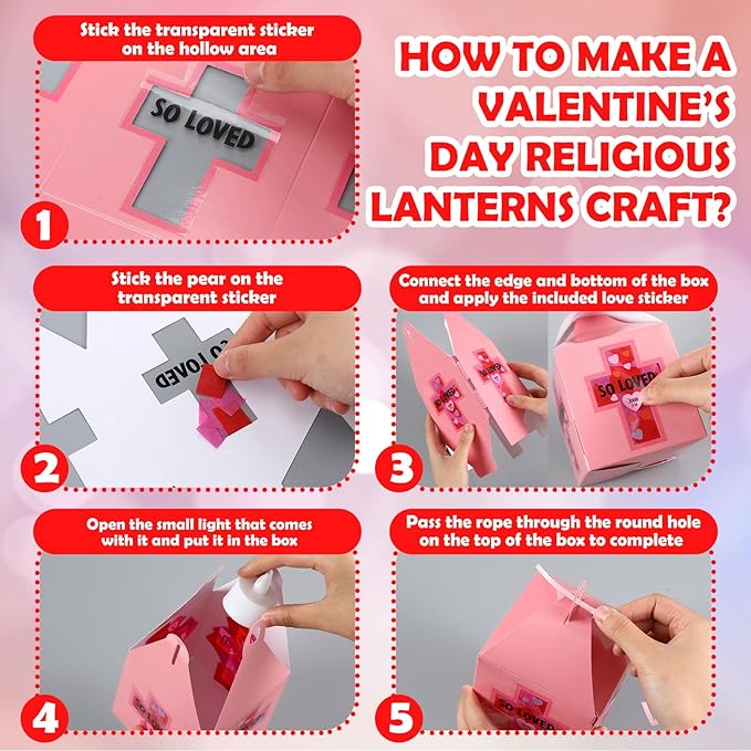 12 Sets Religious Valentine's Day Crafts with LED Candlelight Valentine's Day Cross Tissue Paper Crafts Kits DIY Cross Suncatchers Lanterns Hanging for Sunday School Christian Decoration
