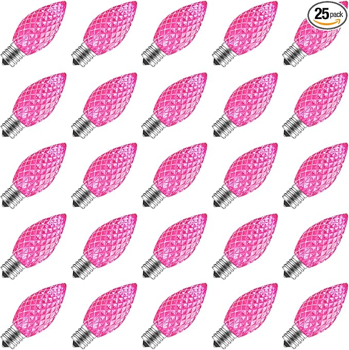 C7 Pink Christmas LED Replacement Light Bulb, C7 Shatterproof Replacement Bulbs for Outdoor Indoor String Lights, E12 Candelabra Base Pink Christmas Bulb for Xmas Holiday House Lighting Decoration