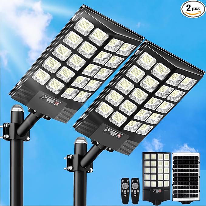 2 Pack 16" Large Solar Street Lights Outdoor Waterproof - Solar Powered Security Parking Lot Light Dusk to Dawn 60000LM,Motion Sensor Commercial LED Solar Flood Lights Remote Control for Outside Yard