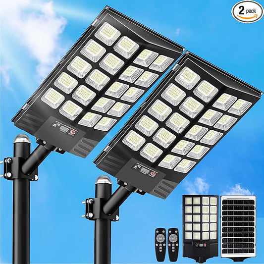 2 Pack 16" Large Solar Street Lights Outdoor Waterproof - Solar Powered Security Parking Lot Light Dusk to Dawn 60000LM,Motion Sensor Commercial LED Solar Flood Lights Remote Control for Outside Yard