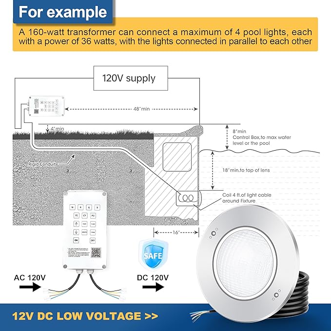 Pool Lights for Inground Pools, 10" LED RGBW Color‑Changing Pool Lights, IP68 Waterproof, AC 120V, 50 ft Cord, Controller, App & Remote Control, Fits 10" Pool Niche