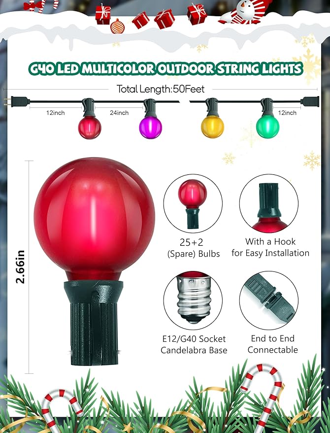 50Ft Outdoor Multicolor Christmas Lights, G40 Frosted Globe Patio String Lights with 27 Ceramic Colorful Bulbs(2 Spare), Connectable Vintage Christmas Bistro Lights for Holiday Party Backyard Christma