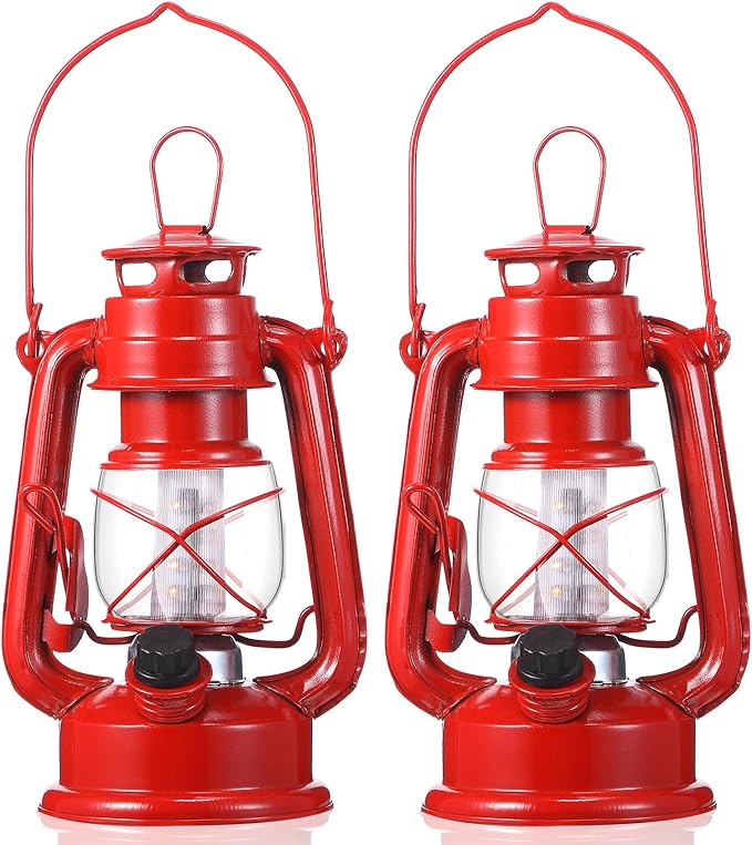 Hortsun 2 Pcs 8 Inch Vintage LED Hurricane Lantern Metal Red Outdoor Battery Operated Hanging Lantern with Warm LEDs and Dimmer Switch for Halloween Christmas Indoor Rustic Farmhouse Camping Decor