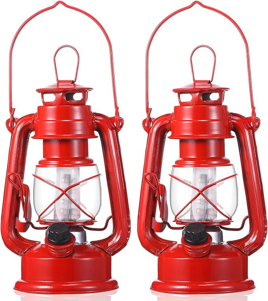 Hortsun 2 Pcs 8 Inch Vintage LED Hurricane Lantern Metal Red Outdoor Battery Operated Hanging Lantern with Warm LEDs and Dimmer Switch for Halloween Christmas Indoor Rustic Farmhouse Camping Decor