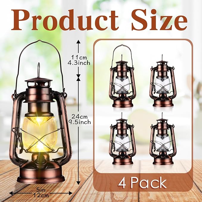 Riakrum 4 Pcs Vintage LED Hurricane Lanterns 9.5 Inch Warm White Old Hurricane Lamps Battery Operated Hanging Lanterns with Dimmer Switch for Indoor Table Centerpieces Outdoor(Bronze)
