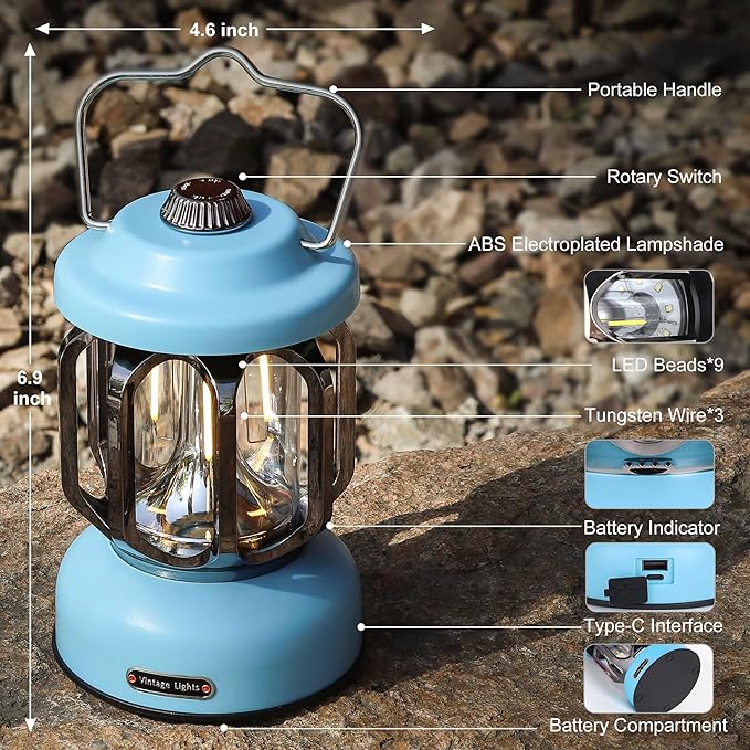 Rechargeable LED Camping Lanterns, Vintage Camping Lights Battery Operated, Portable Retro Metal Glamping Lights for Hiking, Hurricane, Decoration, Power outages, Blue, 1 Pack