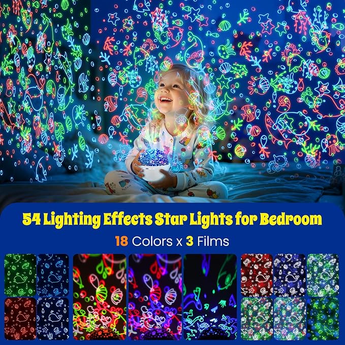 Night Light Projector,Night Light for Kids Room with Remote and Timer,360° Rotation,3 Projection Films,18 Light Modes,8 Lullaby Songs,Kids Night Lamp, Christmas Birthday Gifts for Boys Girls (White)