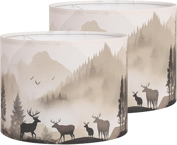 8.7inch Small Lamp Shades Set of 2, Forest Lamp Shades, HD Printing Deer Lampshade, Rustic Lamp Shade fit Spider and E26/E14, Western Lamp Shade for Floor Lamps,Table Lamp (Assembly Required)