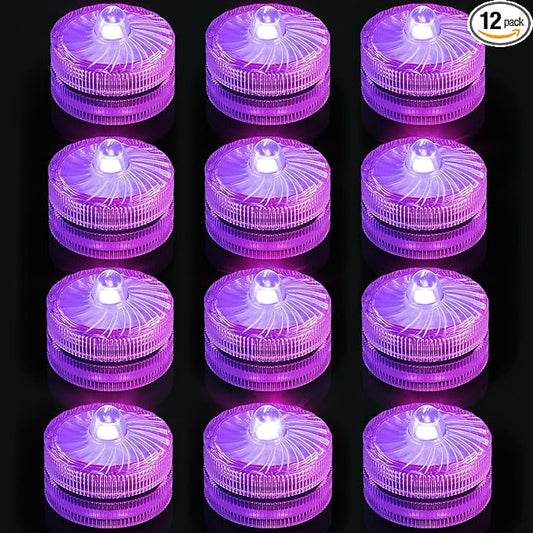 Submersible Led Lights, Purple Waterproof Flameless Candle Tea Lights,100H Battery Powered Underwater Small LED Light for Vase Table Centerpieces Wedding Party Halloween Christmas Decor,12 Pack