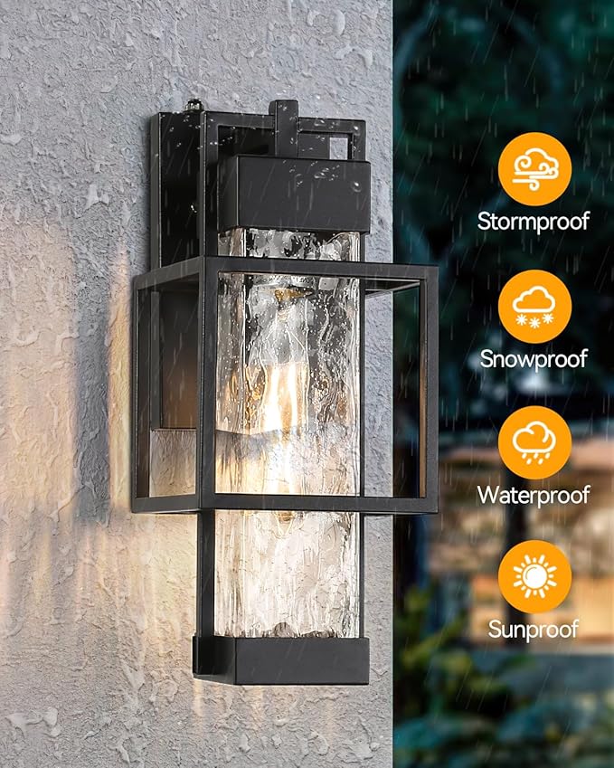 SHIMR Dusk to Dawn Outdoor Lighting 2 Pack, Outdoor Wall Sconce with Water Seeded Glass, Exterior Lighting Fixtures with E26 Base, Outdoor Lights for House Porch Garage Bulb Included