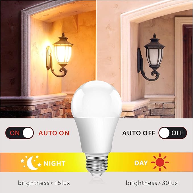 Torkase Outdoor Dusk to Dawn Light Bulbs, 13W(100W Equivalent), E26 3000K, Built-in Photocell Detector, Automatic On/Off, Smart Sensor LED Lighting Bulb for Porch Hallway Garage Boundary-6 Pack