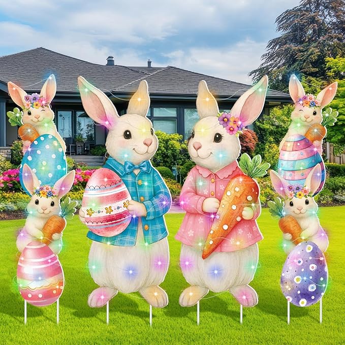 Bencailor 4 Pcs Easter Outdoor Decorations Bunny Yard Stake Signs with LED Light Large Rabbit Party Supplies Lawn Decorations for Spring Easter Outdoor Lawn Garden Patio Walkway Wedding Stand Decor