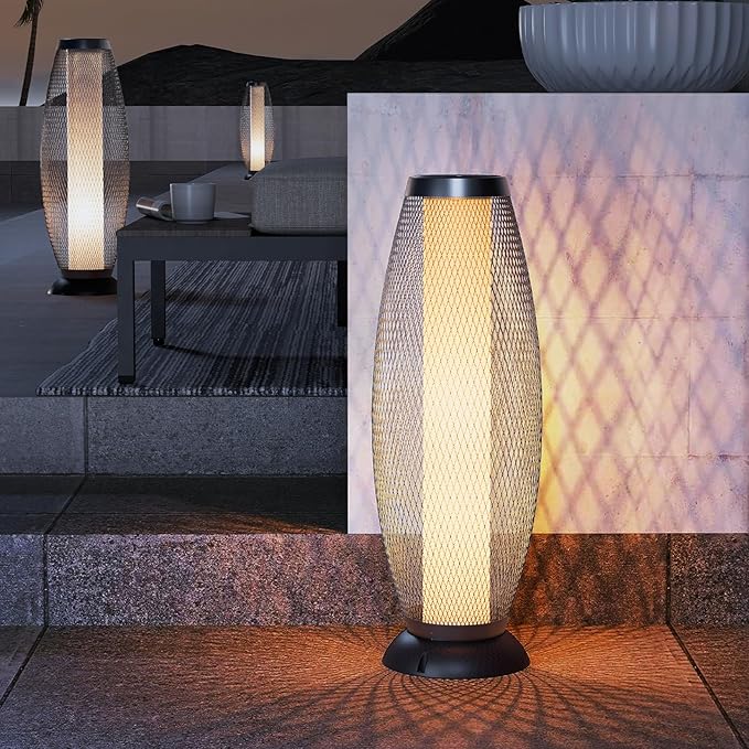 Solar Yard Solar Outdoor Floor Lamp, Metal Wire Shade, LED Modern Outdoor Flickering Lantern, Weather Resistant for Balcony, Porch, Garden, Pathway, Black