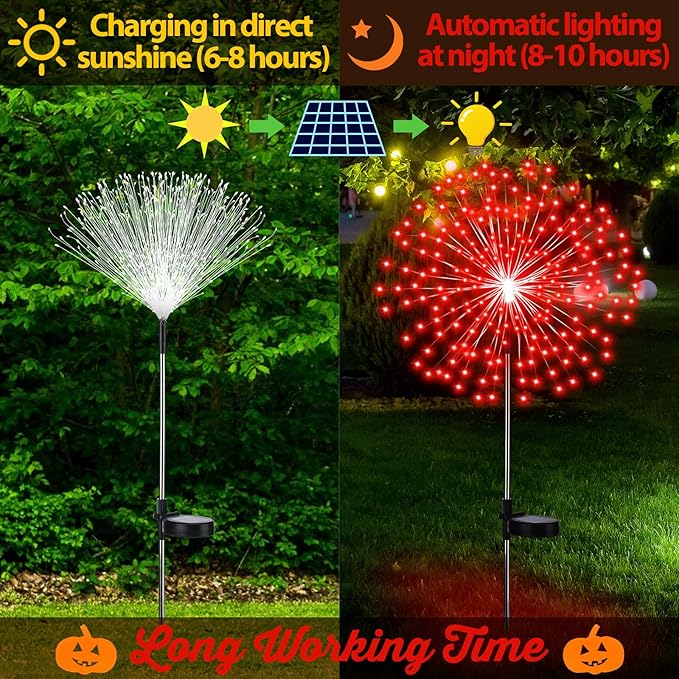 4th of July Decorations Outdoor 4 Pack Colored Solar Firework Lights with 180 LED Patriotic Solar Lights 8 Lighting Modes for Yard Pathway Garden Patio Party Decorations(Red)