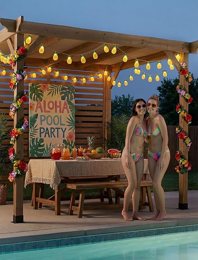 8.5Ft Luau Party Lights, 10L LED Pineapple String Lights Plug in for Indoor/Outdoor Home Table Christmas Tree Pergola Tiki Bar Aloha Hawaiian Tropical Party Decorations
