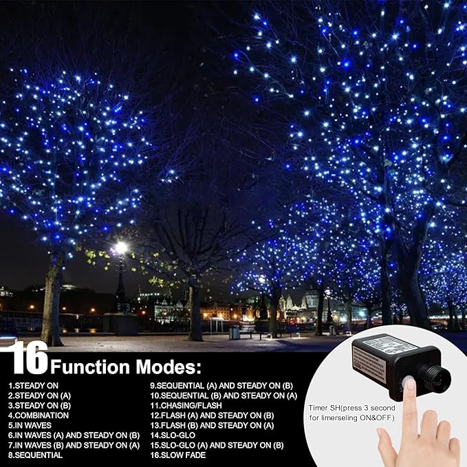LAMPHOME 66ft Christmas Decorative Mini Lights, 200 LED Green Wire Fairy Starry String Lights Plug in, 16 Lighting Modes for Indoor Outdoor Xmas Tree Wedding Party Decoration (White +Blue)