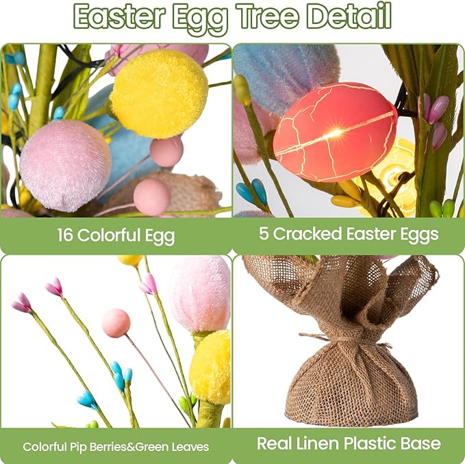 Easter Decorations Pre-Lit Easter Egg Tree with Timer Battery Operated,18inch Lighted Easter Tree Tabletop Decor with Eggs,LED Lights,Artificial Trees for Home Party Mantel Indoor Bedroom Spring