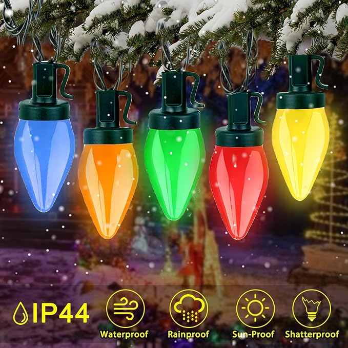 50 LED C7 Christmas Lights Battery Operated 24Ft C7 Christmas Lights C7 Christmas String Lights Remote Timer 8 Lighting Modes for Indoor Outdoor Room Garden Yard Roof Tree Party Christmas Decor