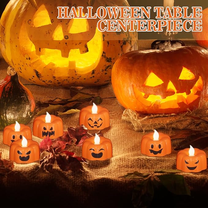 GenSwin Halloween Pumpkin Flameless Candles Lights with 6H Timer, 6 Pcs LED Flickering Tealights Candles Battery Operated, Ghost Face Tea Lights Candles for Fall Halloween Decoration (1.9” x 1.6”)