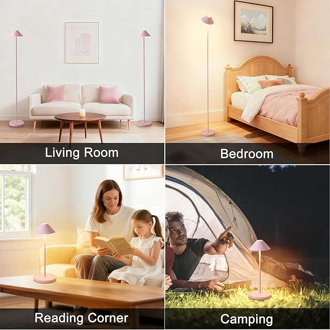 Rechargeable Floor Lamp for Indoor/Outdoor, Cordless Tall Standing Lamp with 3 Color Temps & Dimmable, IP43 Waterproof, Adjustable Height 16-59 Inch, LED Floor Lamp for Living Room, Patio(Pink)