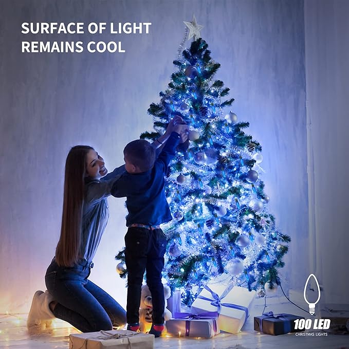 WATERGLIDE C6 Christmas Lights, 33ft 100 LED Faceted String Lights Green Wire Fairy Lights with 29V Safe Adaptor, 8 Lighting Mode, Waterproof for Indoor Outdoor Patio Xmas Tree Party Decor, Blue