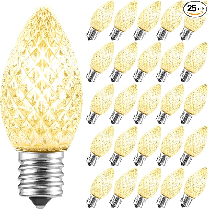 Minetom 25 Pack C7 LED Replacement Christmas Light Bulbs for Light Strand, Dimmable Holiday Bulbs for E12 Base Sockets, Warm White