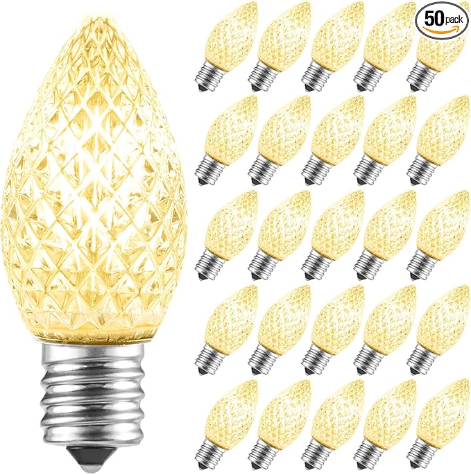 50 Pack C7 LED Christmas Lights Bulbs, Shatterproof Replacement for String Lights, E12 Candelabra Base, Commercial Grade Dimmable Holiday Bulbs, Warm White