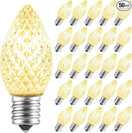 50 Pack C7 LED Christmas Lights Bulbs, Shatterproof Replacement for String Lights, E12 Candelabra Base, Commercial Grade Dimmable Holiday Bulbs, Warm White