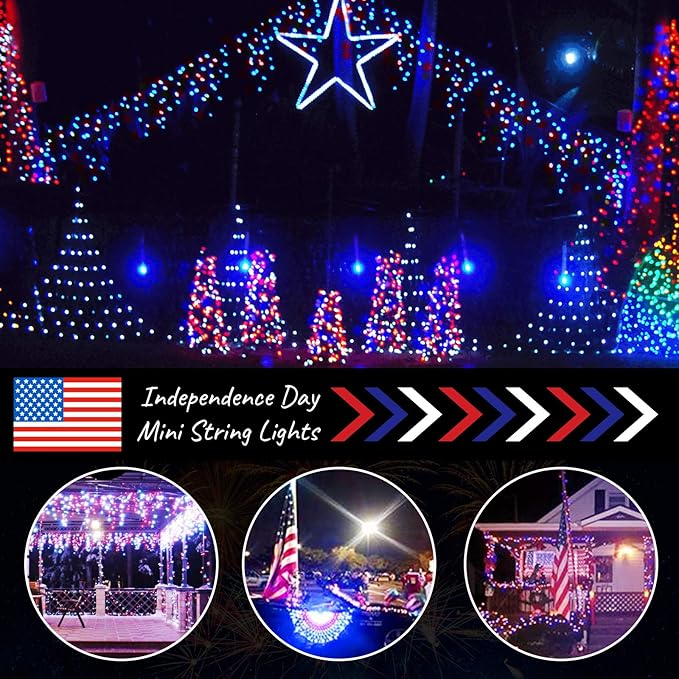 Minetom Red White Blue Christmas Lights Green Wire - 100 Count 4th July Decoration Patriotic Mini String Lights Waterproof for Indoor Outdoor Xmas Holiday Party Patio Independence Day Decoration