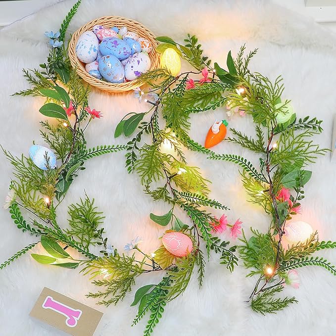 CCINEE 6 FT Lighted Easter Garland, 20 LED Lights Artificial Garlands with Easter Colored Egg and Pink Flowers Faux Branches for Easter Spring Holiday Parties Mantle Fireplace Indoor Home Decoration