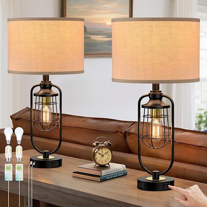 Table Lamps for Living Room Set of 2, Farmhouse Lamps for Night Stands, Industrial Bedside Lamps for Bedroom End Table with USB A+C, Bulbs Included