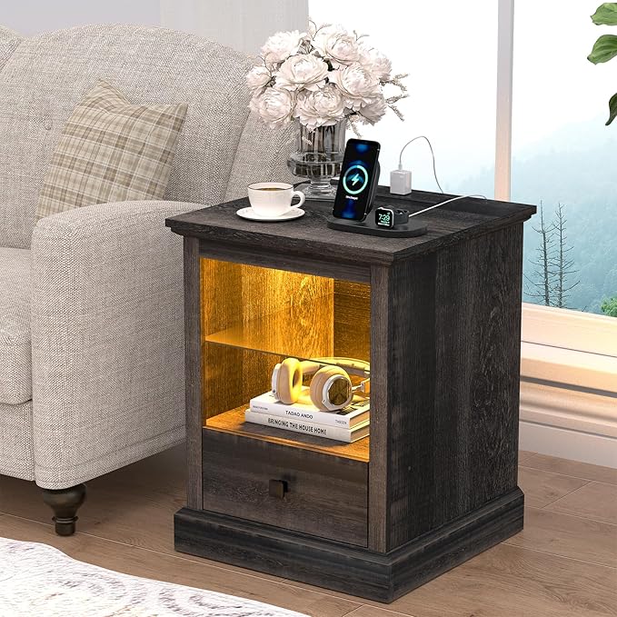 Resyet LED End Table with Charging Station - Adjustable Shelf Nightstand with Drawer, Storage, and Wooden Design for Bedroom & Living Room (Dark Rustic Oak)
