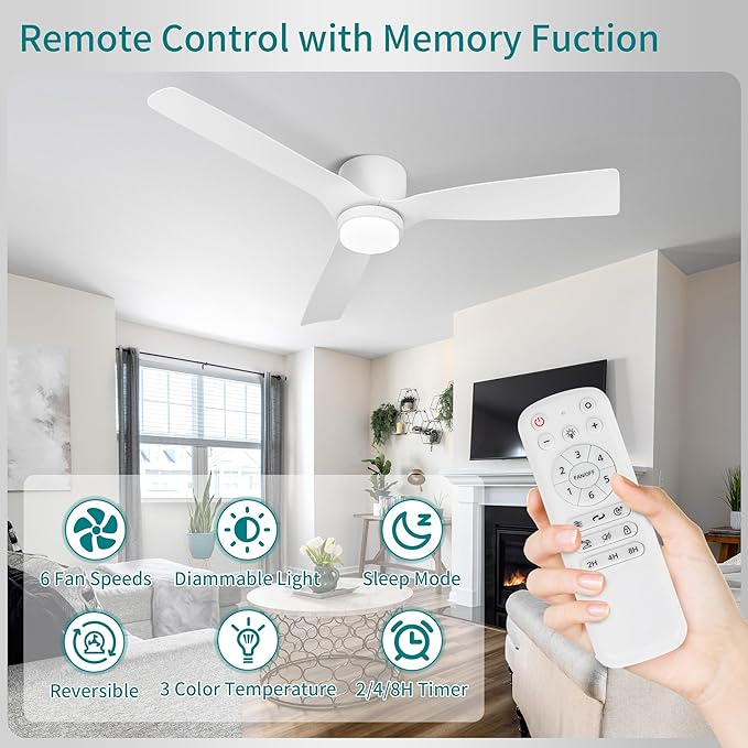 Ceiling Fans with Light,52inches Low Profile Ceiling Fan with Remote Control,Dimmable Light,3 Blade,Noiseless,Mordern White Ceiling Fan for Bedroom,living Room,Apartment
