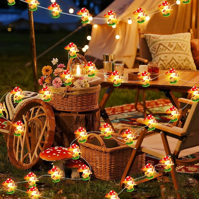 Aogist Mushrooms Decor String Lights, 16 ft 50 LED Battery Operated Fairy Lights Cute Mushroom Lamp for Bedroom Indoor Outdoor Lawns Garden Holiday Party Decorations (1 Pack)