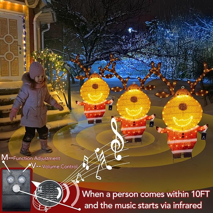EAMBRITE Lighted Reindeer Christmas Decorations Outdoor, Animated Deer with Motion Sensor & Music, 2-in-1 Yard Stake Hanging Wall Decor for Indoor Holiday Decorations, Outside Yard Patio Home Decor