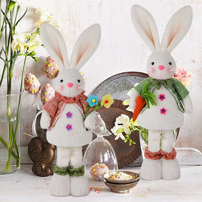 Glintoper 2 Pack Easter Standing Bunny with Stretchable Legs, 18" to 25" Plush Rabbits Couple Figurine, Cute Party Favor Photo Props Gifts for Office Kitchen Farmhouse Front Door Spring Home Decor