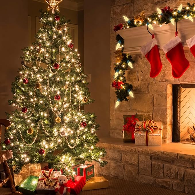 2 Pack 100LED C6 Christmas Lights Battery Operated, 16.4FT C6 Christmas Lights Battery Powered with Timer, 8 Modes, Waterproof for Outdoor Garden Patio Indoor Xmas Tree Bedroom Party Warm White