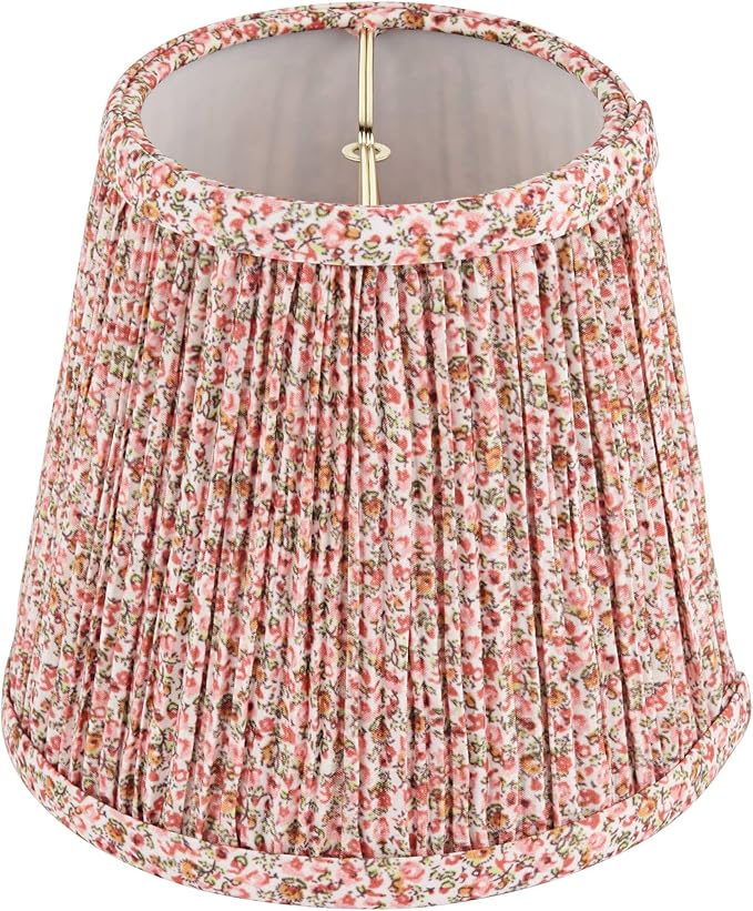 4" Top x 6" Bottom x 5 1/2" High x Print Cottage Core Lamp Shade Replacement Small Mini Pink Red Empire Round Floral Modern Fabric Leaf Shirred Pleated Pattern Clip On Candelabra - Springcrest