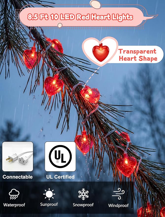 8.5Ft Heart String Lights, Valentines Day Decorations Lights with 10 Red Heart Lights, Plug in Fairy Heart Shape String Lights for Window Wedding Anniversary Bedroom Party Valentine's Day Decorations