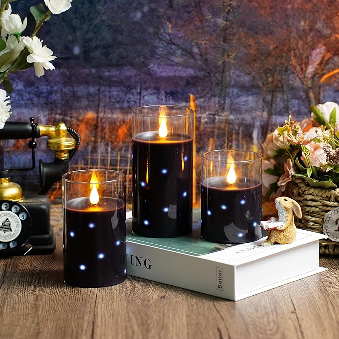 Real Wax Flameless Candles Glass,Battery Operated LED Candles with Flickering Flame,Glass Shell,Interior Star Light Decoration Set of 3 Black (D3×H 4" 5" 6") for Home Decor,Holiday Decoration