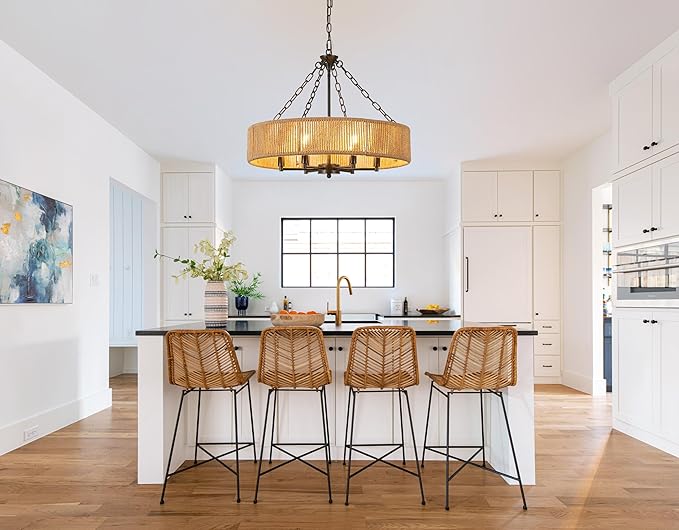 Farmhouse Ceiling Chandelier, 24-inch Bohemian Style Natural Rustic Woven Hemp Rope Pendant Light Round Black Suspension Fixture Suitable for Living Room, Bedroom, Dining Room, Kitchen