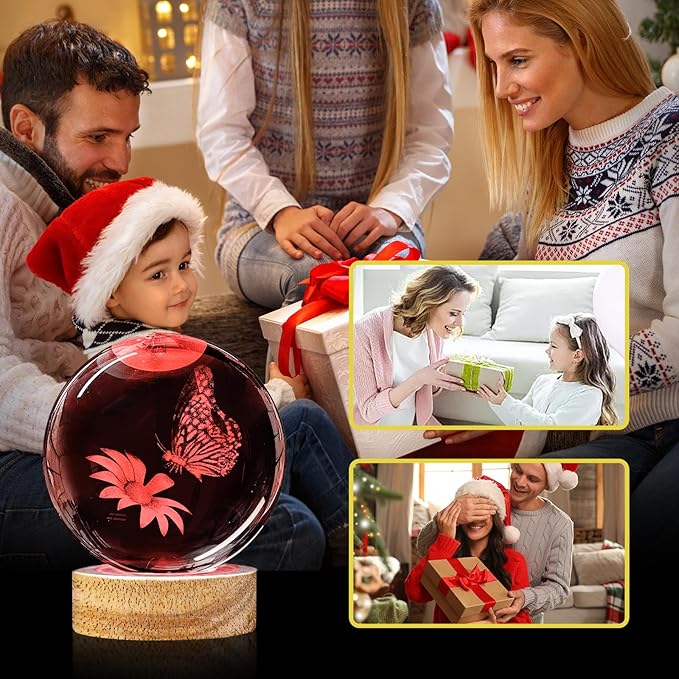 3D Crystal Ball Night Light with Wooden Base, 3.15" Butterfly & Flower Figurine Glass Lamp with 16 Colors, Cute Desk Decor for Bedroom Gifts