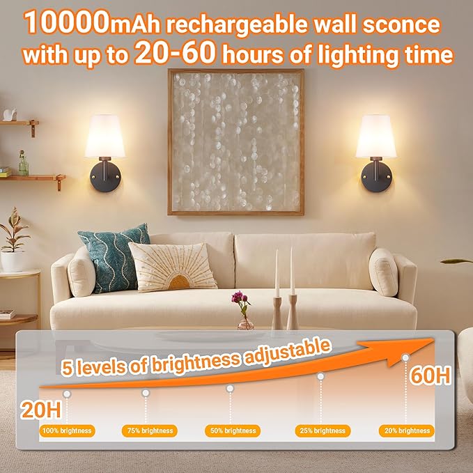 Battery Operated Wall Sconces Set of 2, Wireless Wall Light with 10000mAh RGB Dimmable Magnetic Bulb, Rechargeable Wall Sconce with Remote Control for Bedroom Living Room