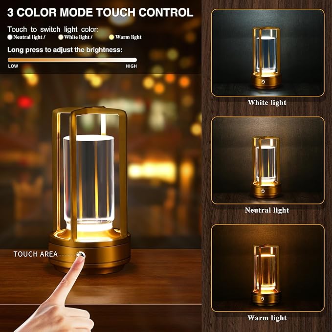 Portable Metal Table Lamp, Cordless Table Lamp, Rechargeable Battery Powered Portable LED Desk Lamp, 3 Color Stepless Dimming Touch, for Bedroom Restaurant Home Outdoor (2 Set of Gold)