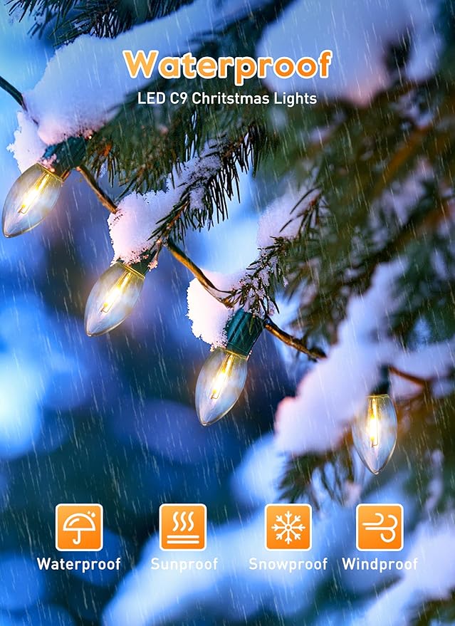 Vintage C9 LED Christmas Lights Outdoor, 50 Feet C9 String Lights with 25 Shatterproof C9 Bulbs, Waterproof Connectable Christmas Tree Lights for Outside Roofline Patio Xmas Decorations, Warm White